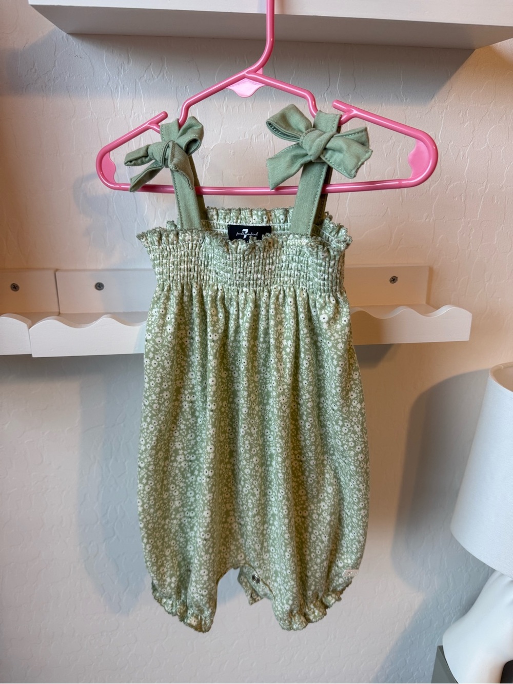 7 for All Mankind Smocked Olive Green Floral Bubble Romper